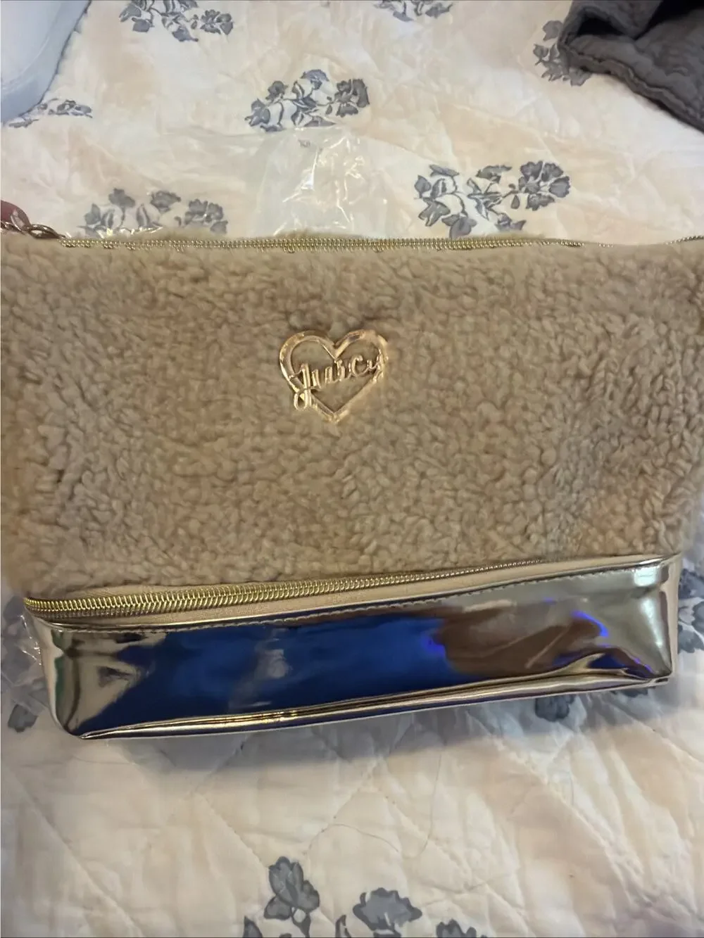 Juicy Couture Beige Sherpa Fleece Gold Metallic Logo Zip Around Makeup Bag NWT